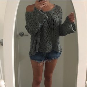 Free People Off Shoulder Bell Slv Crochet Sweater